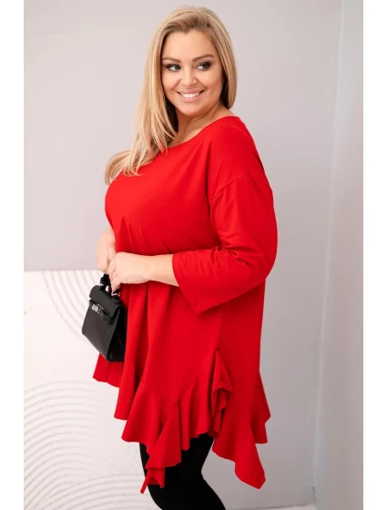 Dámská blůza Plus Size s bavlnou, volánem a ohrnovacími rukávy červená
