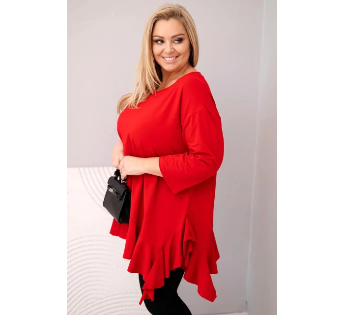 Dámská blůza Plus Size s bavlnou, volánem a ohrnovacími rukávy červená