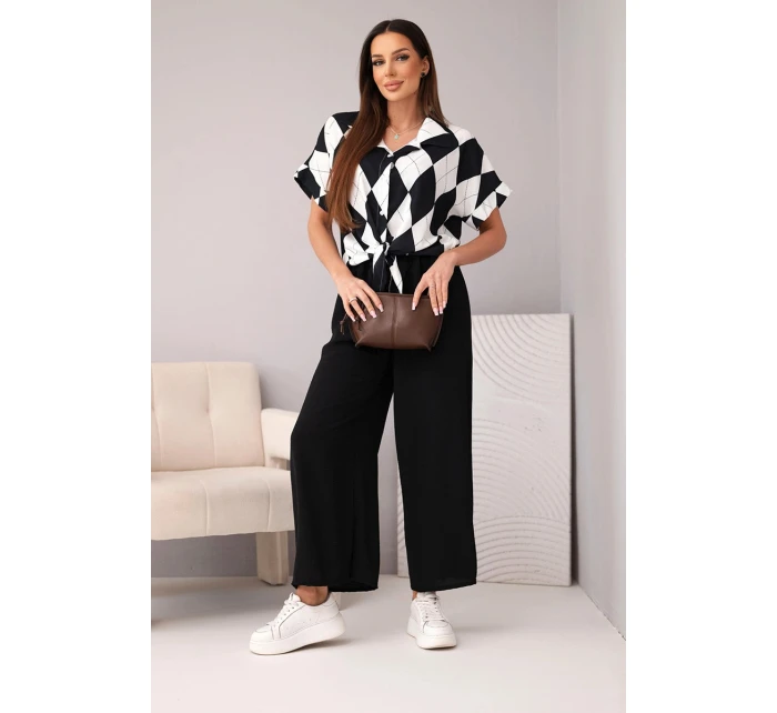 Dámska viskózna košeľa s kravatou a nohavice s gumou čierne