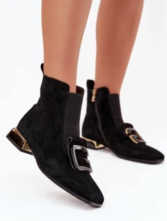 Skórzane Zamszowe Botki Damskie Na Niskim Obcasie Z Ozdobą D&A MR52-217 Czarne