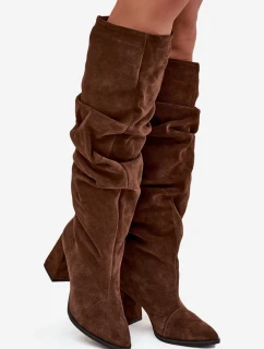 Dámske zateplené čižmy na podpätku s pokrčenou holennou časťou Zazoo - hnedé, pravý semiš