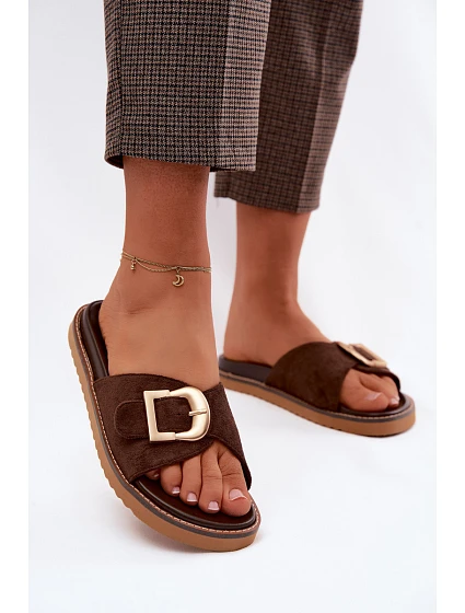 Dámské pantofle s zlatým sponou tmavě béžové model 22125593 - Boto