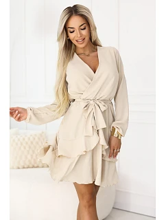 model 22102276 Smyslné mini šaty s obálkovým výstřihem béžové - numoco