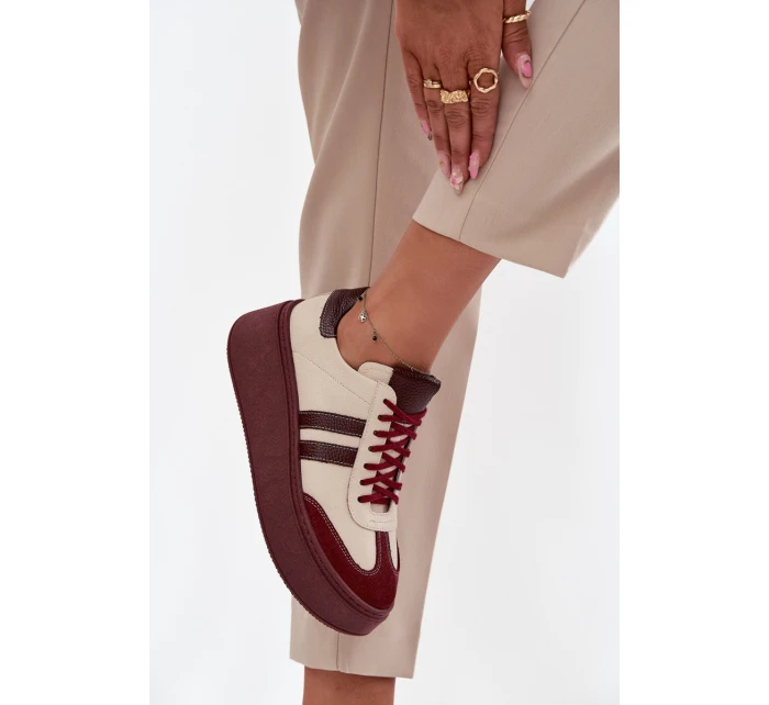 Skórzane Sneakersy Damskie Na Platformie Zazoo 3775 Beżowo-Bordowe