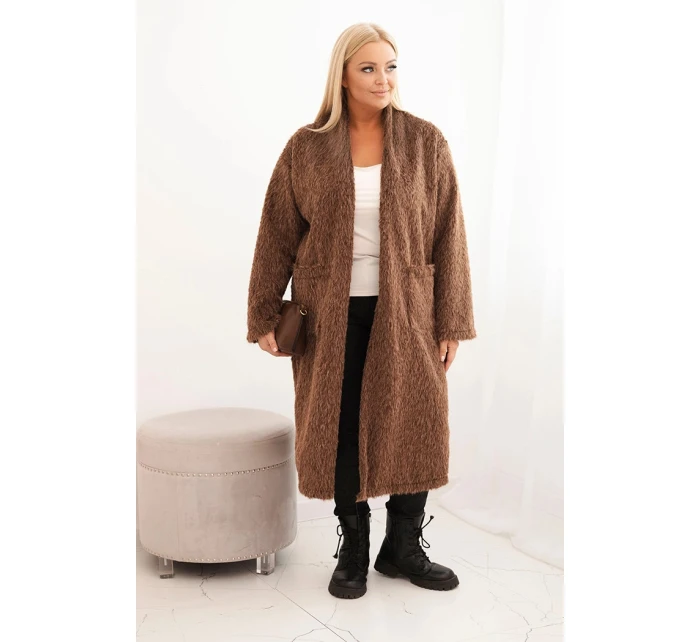 Dámsky kabát Plus Size z viskózy bez zapínania s vreckami hnedý