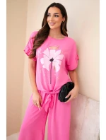 Dámsky viskózový set s potlačou blúzky a nohavíc svetloružovej farby
