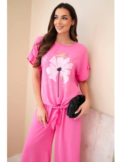 Dámsky viskózový set s potlačou blúzky a nohavíc svetloružovej farby
