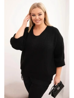 Dámská sada svetr s výstřihem do V a viskózová blůza s krajkovým spodním lemem černý