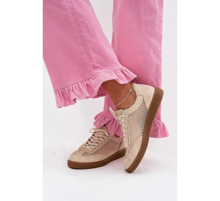 Kožené semišové dámské tenisky s síťovinou model 22027653 Béžové - Zazoo