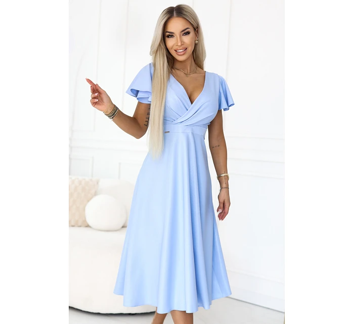 675-1 Midi šaty Blinky s obálkovým výstrihom a brokátovým leskom - modré