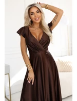 411-15 CRYSTAL saténové dlhé šaty s výstrihom - čokoládové