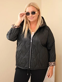 Dámská bunda Plus Size s kapucí a leopardím zakončením černá