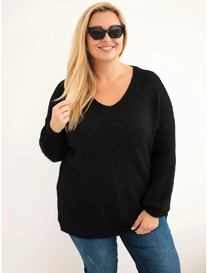 Dámský svetr Plus Size s vlnou s výstřihem do V černý Dámský svetr Plus Size s vlnou s výstřihem do V černý