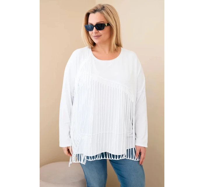 Dámská bavlněná blůza Plus Size s třásněmi bílá
