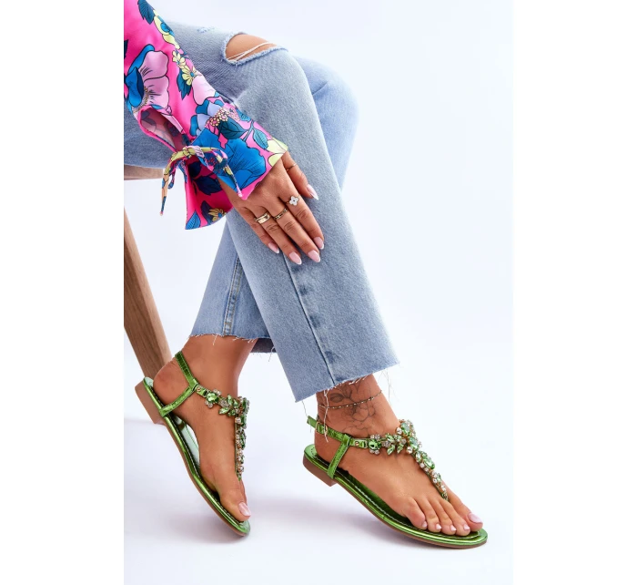 Damskie Sandały Japonki Z Kamieniami Zielone Lenisa