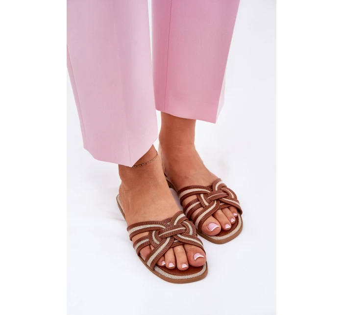 Klapki Damskie Płaskie Z Przeplatającymi Się Paskami Brązowe Acimine Klapki Damskie Płaskie Z Przeplatającymi Się Paskami Brązowe Acimine