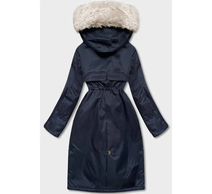 Tmavomodrá dámska zimná bunda s machovou kožušinovou podšívkou (B538-3046)