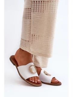 model 21665479 Kožené Žabky Na Ploché Podrážce S Ozdobou Bílé - Zazoo