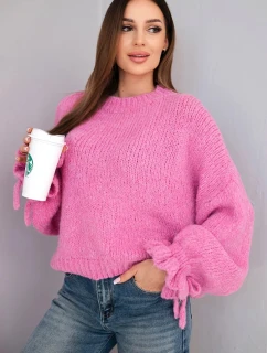 Dámský svetr s přídavkem mohéru s model 21857675 pletením a ozdobnými rukávy růžový - K-Fashion