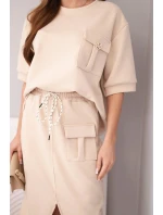 Dámsky maslový set s blúzkou a midi sukňou béžovej farby