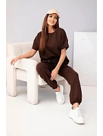 Dámský bavlněný komplet halenka s krátkým rukávem a teplákové kalhoty hnědý