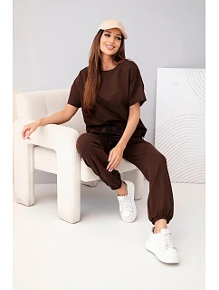 Dámský bavlněný komplet halenka s krátkým rukávem a teplákové kalhoty hnědý