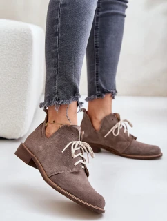 Zazoo 2959 Zamszowe Półbuty Oksfordki Sznurowane Na Płaskim Obcasie Ciemnobeżowe