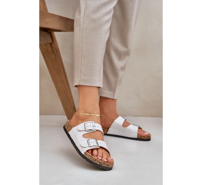 Materiałowe Klapki Na Korkowej Podeszwie Z Klamrami Jasnoszare Atera Materiałowe Klapki Na Korkowej Podeszwie Z Klamrami Jasnoszare Atera