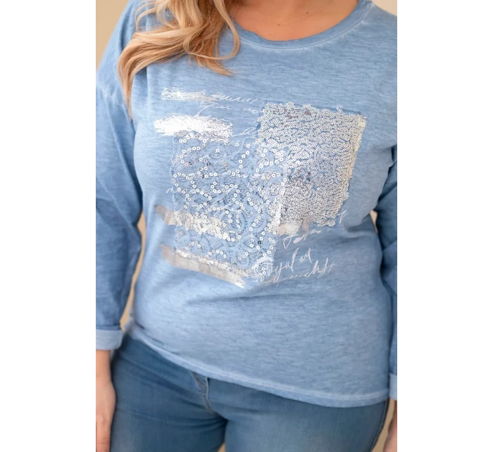 Dámská blůza Plus Size se potiskem a delší zadní částí džínová