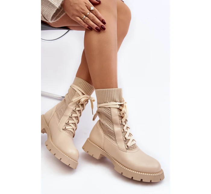 Dámské kozačky se šněrováním a světle béžové model 21642187 - Boto