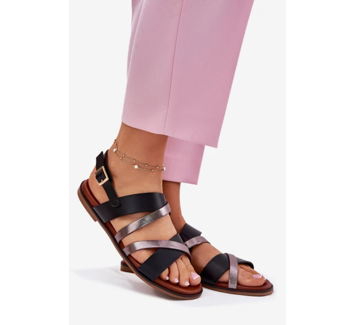 Dámské Sandály Na Plochém Podpatku S Pásky Černé model 21697516 - SERGIO LEONE