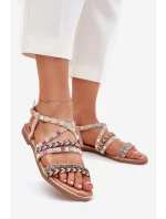 Sandały Damskie Ze Zdobieniem I Plecionymi Paskami Beżowe Delyra Sandały Damskie Ze Zdobieniem I Plecionymi Paskami Beżowe Delyra