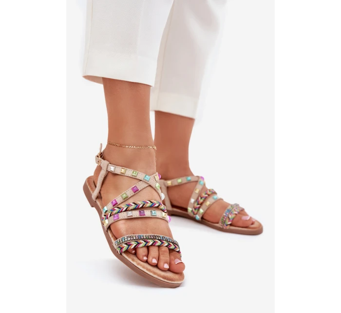 Sandały Damskie Ze Zdobieniem I Plecionymi Paskami Beżowe Delyra Sandały Damskie Ze Zdobieniem I Plecionymi Paskami Beżowe Delyra