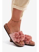 Dámské pantofle na korkové podrážce s ozdobnými květinami Růžové Seleneza