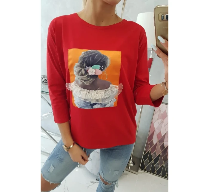 Blúzka s 3D grafikou, čipková červená