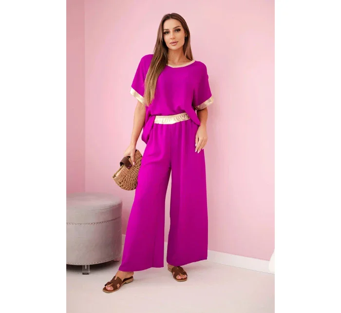 Viskózový komplet se zlatým lemováním tmavě fialová