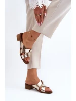 Zazoo 40236 Skórzane Klapki Damskie Na Niskim Obcasie Złote