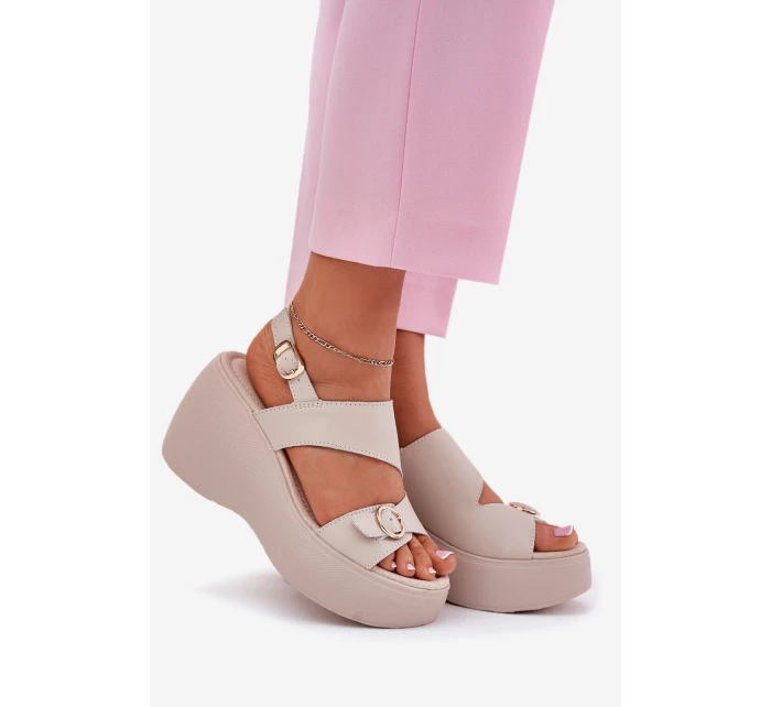Kožené Dámské Sandály Na Klínku A Platformě model 21695737 Béžové - S.Barski