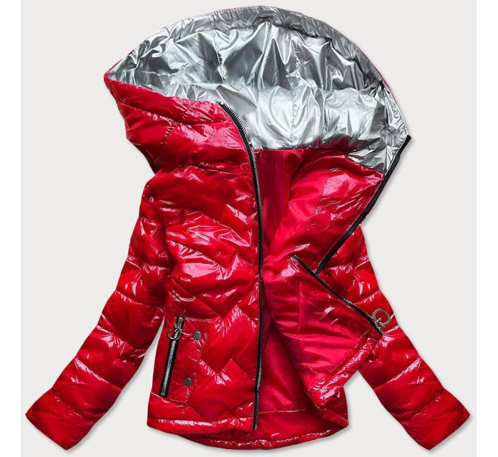 Červená prešívaná dámska bunda s kapucňou (R9562)