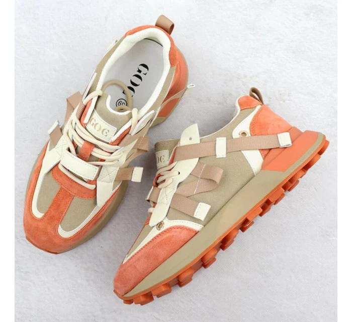 Dámské kožené tenisky béžové a oranžové model 21904648 - Goe