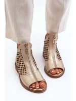 Zazoo 977/L Skórzane Ażurowe Sandały Na Zamek Złote