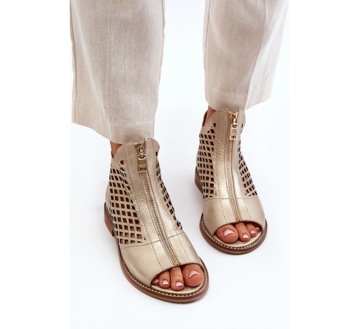 Zazoo 977/L Skórzane Ażurowe Sandały Na Zamek Złote