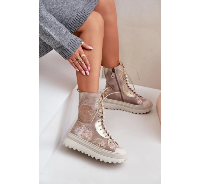Skórzane Zamszowe Botki Na Platformie Ocieplane Maciejka 06565-04 Beżowe