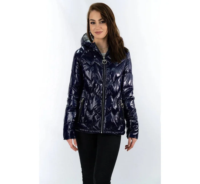 Tmavo modrá prešívaná dámska bunda s kapucňou (R9562)