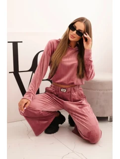 Dámská souprava z veluru se širokými nohavicemi a kapucí tmavě růžová