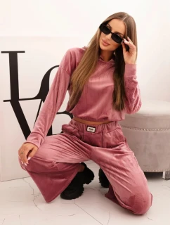 Dámská souprava z veluru se širokými nohavicemi a kapucí tmavě růžová