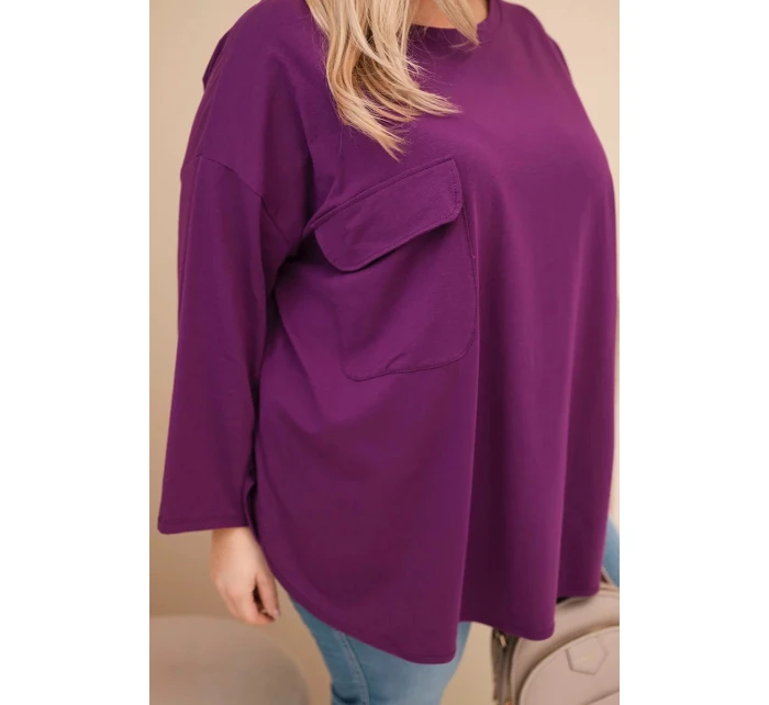 Dámská blůza Plus Size s bavlnou, s kapsou a ohrnutým rukávem tmavě fialová Dámská blůza Plus Size s bavlnou, s kapsou a ohrnutým rukávem tmavě fialová