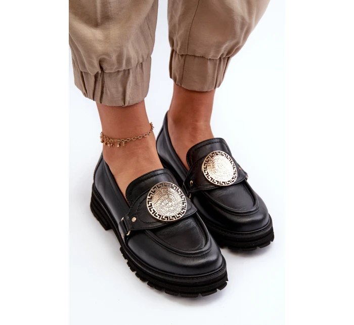 Zazoo 3485 Mokasyny Damskie Ze Złotą Ozdobą Skóra Naturalna