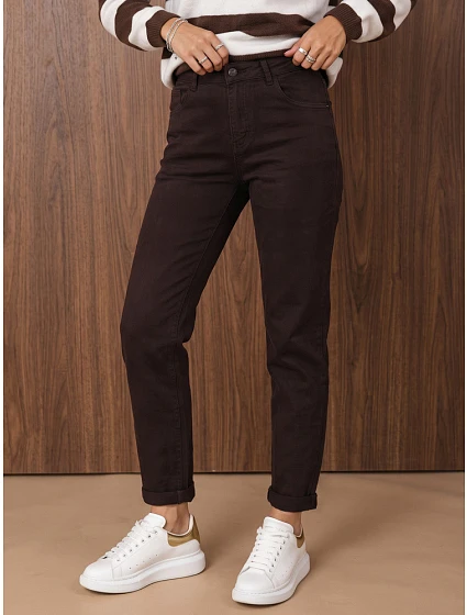 Jeansy damskie z wysokim stanem mom fit brązowe FashionStreet UY3224