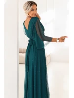 654-1 Dlhé lesklé plus size šaty s výstrihom a priehľadnými rukávmi - fľaškovo zelené 654-1 Dlhé lesklé plus size šaty s výstrihom a priehľadnými rukávmi - fľaškovo zelené